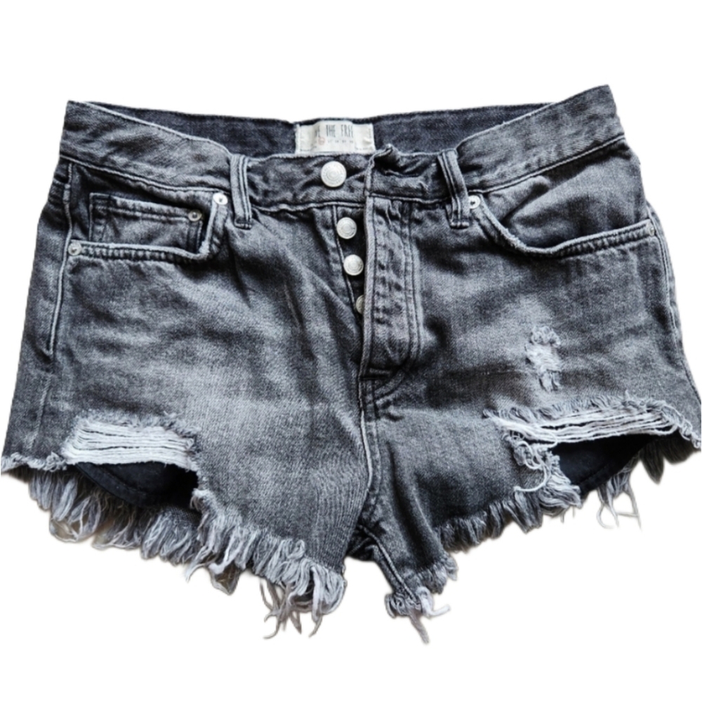 We the Free sz26 frayed cotton button up denim shorts black/grey 100% cotton‎